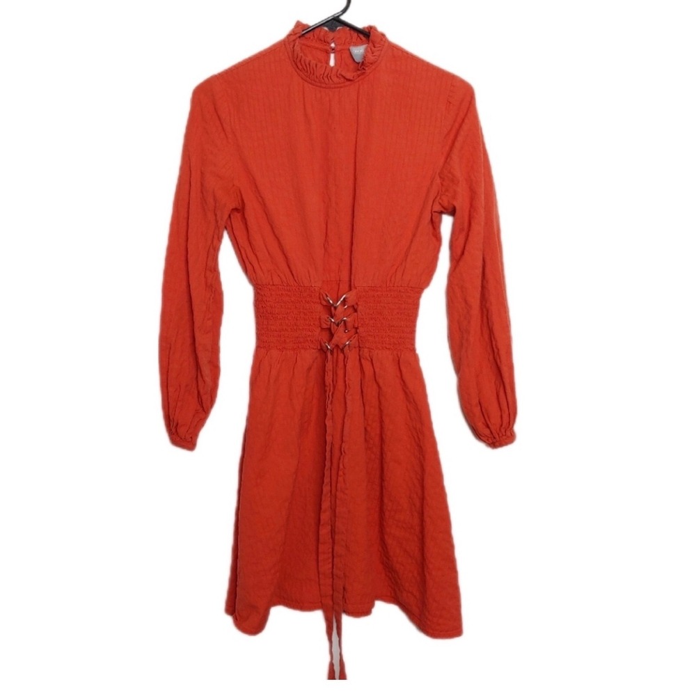 ASOS Burnt Orange Mini Dress Smocked Corset Waist Long Sleeve Cotton‎ S Pumpkin